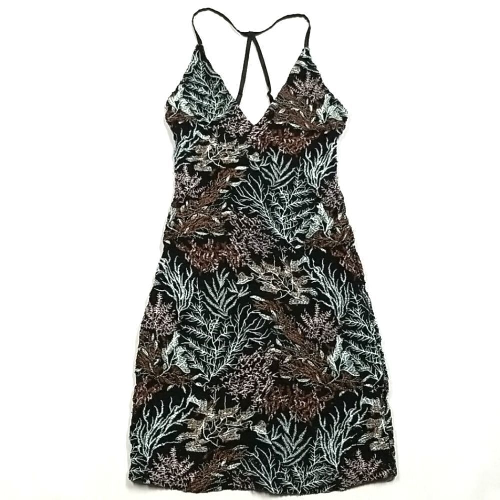 Goldie Women's Dress Black Leaf Design Black Liner, Rear Zipper Spaghetti Strap